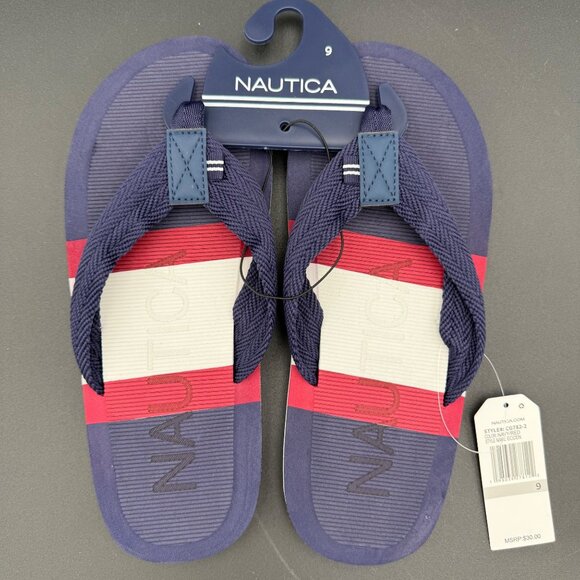 Nautica Mens Eccen Flip Flops Size 9 Navy Blue Red White Striped Sandals - Picture 4 of 5